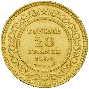20 Francs Tunisien 6,45g or 900/1000 diamètre 21,2mm