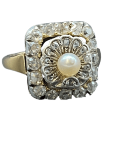 BAGUE « COQUILLAGE » DIAMANTS TAILLES ANCIENNES PERLE