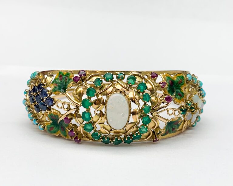 Bracelet Emaillé Opale émeraude or jaune - debut 20éme