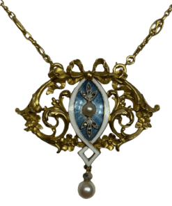 Collier Art Nouveau or 18K, diamants,  email et perles