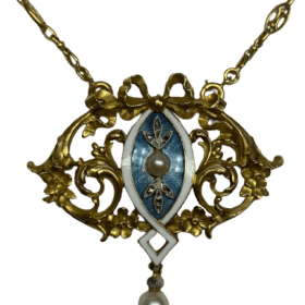 Collier Art Nouveau or 18K, diamants,  email et perles — photo 1