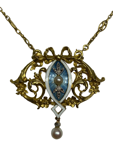 Collier Art Nouveau or 18K, diamants,  email et perles