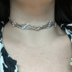 COLLIER RAS DE COU PLATINE OR 18K PERLES ET DIAMANTS — photo 4