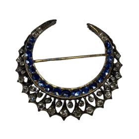 BROCHE NAPOLEON III DEMIE-LUNE OR 18K ARGENT DIAMANTS SAPHIRS — photo 1