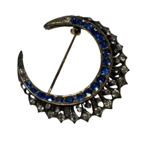 BROCHE NAPOLEON III DEMIE-LUNE OR 18K ARGENT DIAMANTS SAPHIRS — photo 3