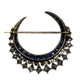 BROCHE NAPOLEON III DEMIE-LUNE OR 18K ARGENT DIAMANTS SAPHIRS — photo 5