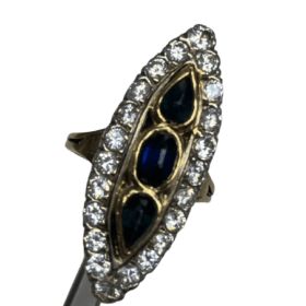 BAGUE ANCIENNE MARQUISE TRILOGIE DE SAPHIRS ET DIAMANTS (T.60) — photo 3
