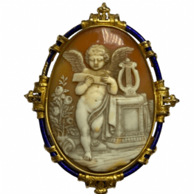 BROCHE CAMEE "CHERUBIN" OR JAUNE 18K/9K ET EMAIL — photo 1