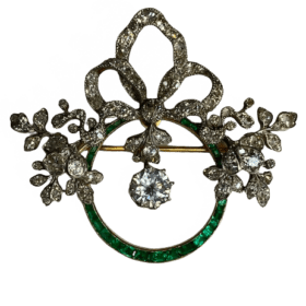 BROCHE BELLE EPOQUE GUIRLANDE OR 18K DIAMANTS EMERAUDES — photo 5