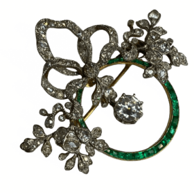 BROCHE BELLE EPOQUE GUIRLANDE OR 18K DIAMANTS EMERAUDES — photo 1
