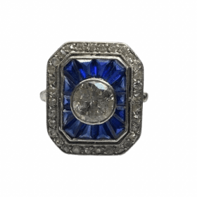 BAGUE ART DECO OR 18K SAPHIRS ET DIAMANTS DONT 1 CT (T.51) — photo 3