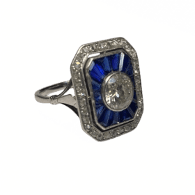 BAGUE ART DECO OR 18K SAPHIRS ET DIAMANTS DONT 1 CT (T.51) — photo 1