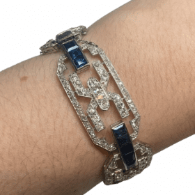 BRACELET ARTICULE ART DECO PLATINE OR 18K DIAMANTS SAPHIRS — photo 4