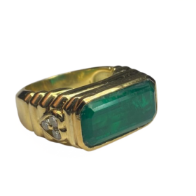 BAGUE GODRONNEE OR 18K EMERAUDE DIAMANTS (T.54) — photo 1