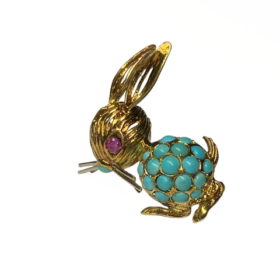 BROCHE LAPIN OR JAUNE 18K TURQUOISES RUBIS — photo 2
