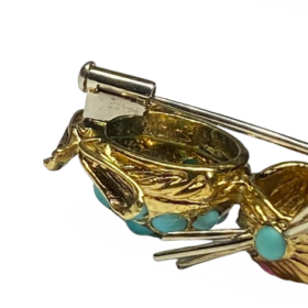 BROCHE LAPIN OR JAUNE 18K TURQUOISES RUBIS — photo 4