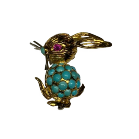 BROCHE LAPIN OR JAUNE 18K TURQUOISES RUBIS — photo 1