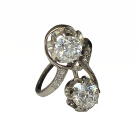 BAGUE "TOI & MOI " PLATINE ET DIAMANTS ENV 1 CT (X2) T.53 — photo 1