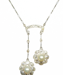 COLLIER ART DECO NEGLIGE OR 18K PLATINE DIAMANTS PERLES