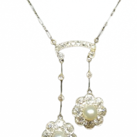 COLLIER ART DECO NEGLIGE OR 18K PLATINE DIAMANTS PERLES — photo 1