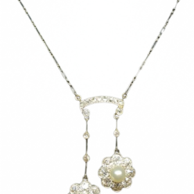 COLLIER ART DECO NEGLIGE OR 18K PLATINE DIAMANTS PERLES — photo 3