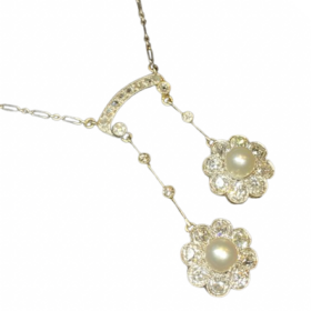 COLLIER ART DECO NEGLIGE OR 18K PLATINE DIAMANTS PERLES — photo 5