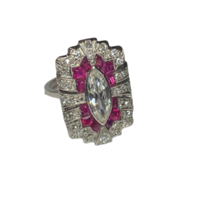 BAGUE ART DECO PLATINE RUBIS DIAMANTS DONT MARQUISE (T.51) — photo 1