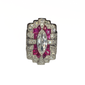 BAGUE ART DECO PLATINE RUBIS DIAMANTS DONT MARQUISE (T.51) — photo 3