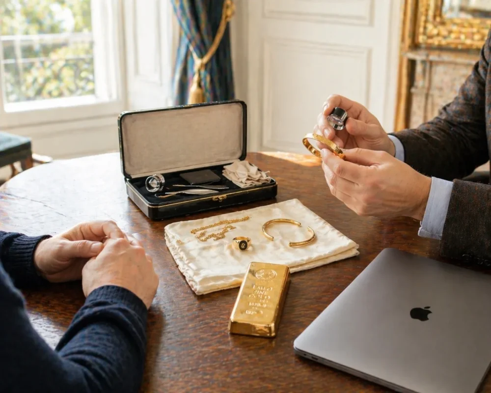 Expert Euro Pièces d'Or estimant un bracelet en or, un lingot et des bijoux lors d'un rendez-vous à domicile